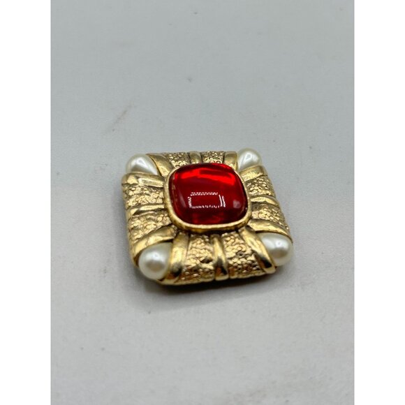 Vintage Red & Gold Brooch Square Design with Pearl Drops Corners Costume Jewelry - Picture 2 of 11